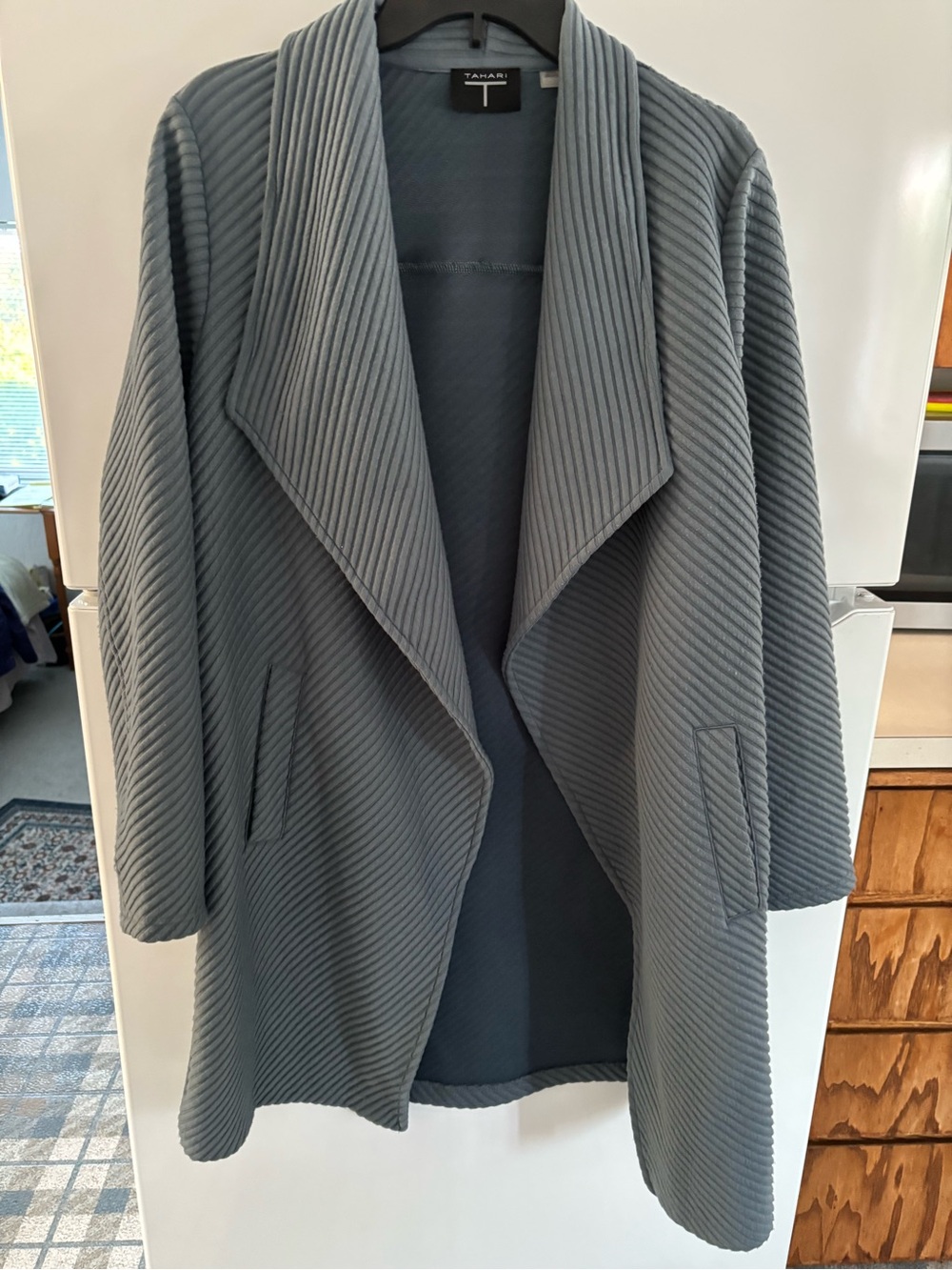 Tahari Slate Gray Ribbed Open-Front Trench Coat
